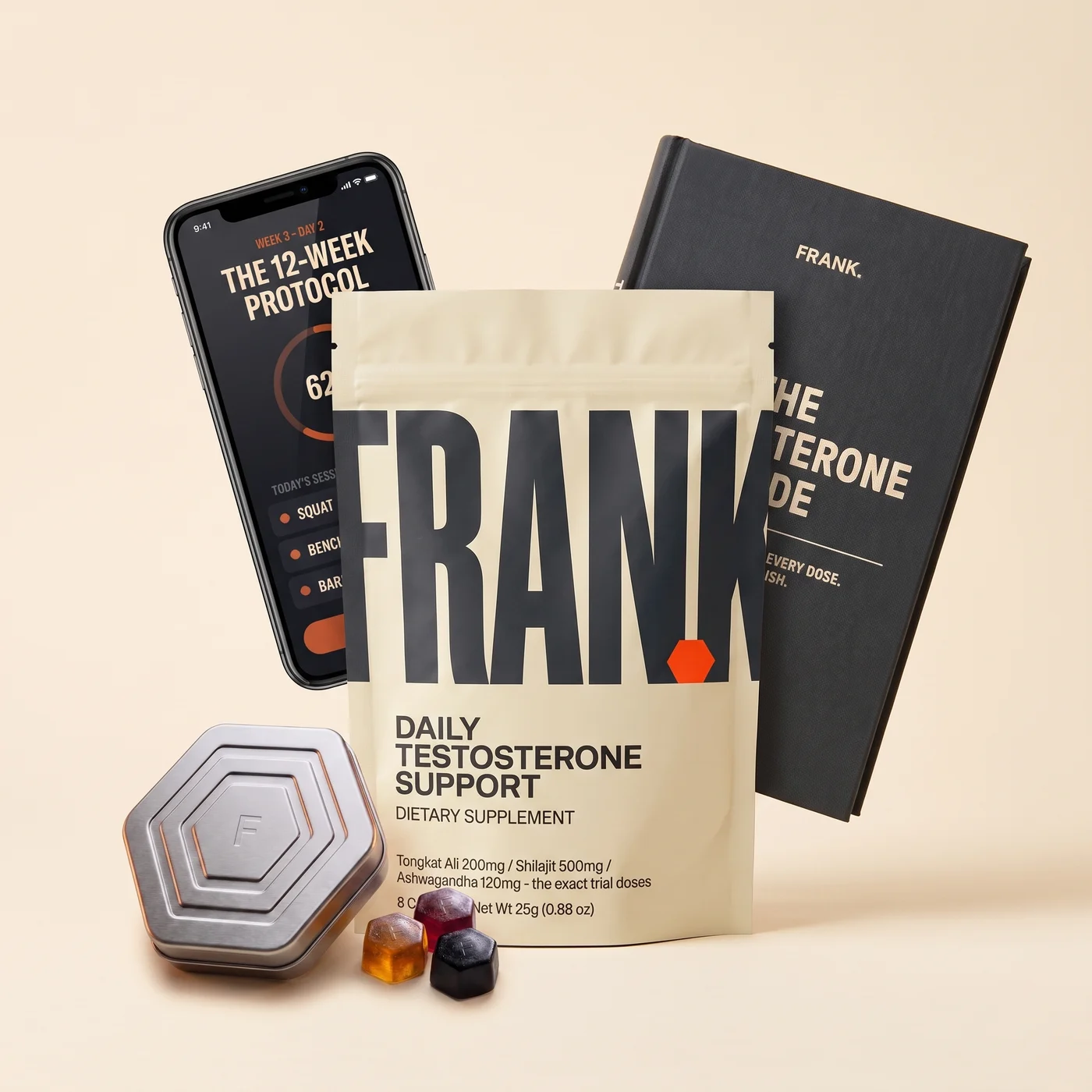 The Frank welcome kit: pouch, 12-week protocol app, testosterone guide, steel tin